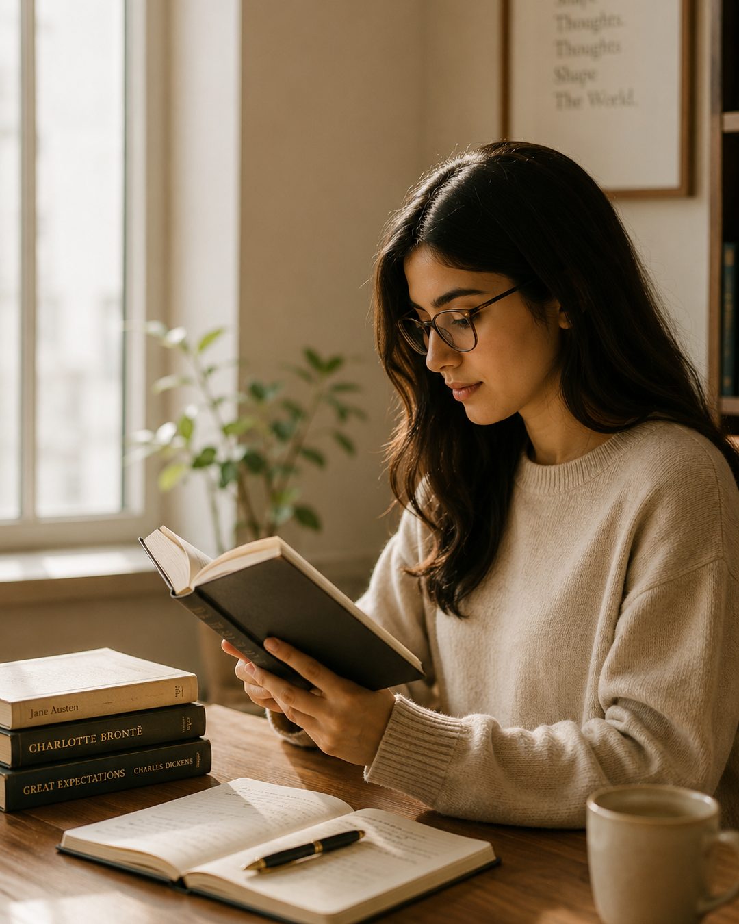 A student reading classic English literature at a sunlit desk, with volumes by Austen, Brontë and Dickens.